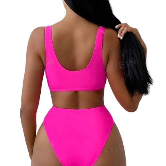 Shein 2-Piece Pink Colorblock Swimsuit Set - Picture 2 of 5